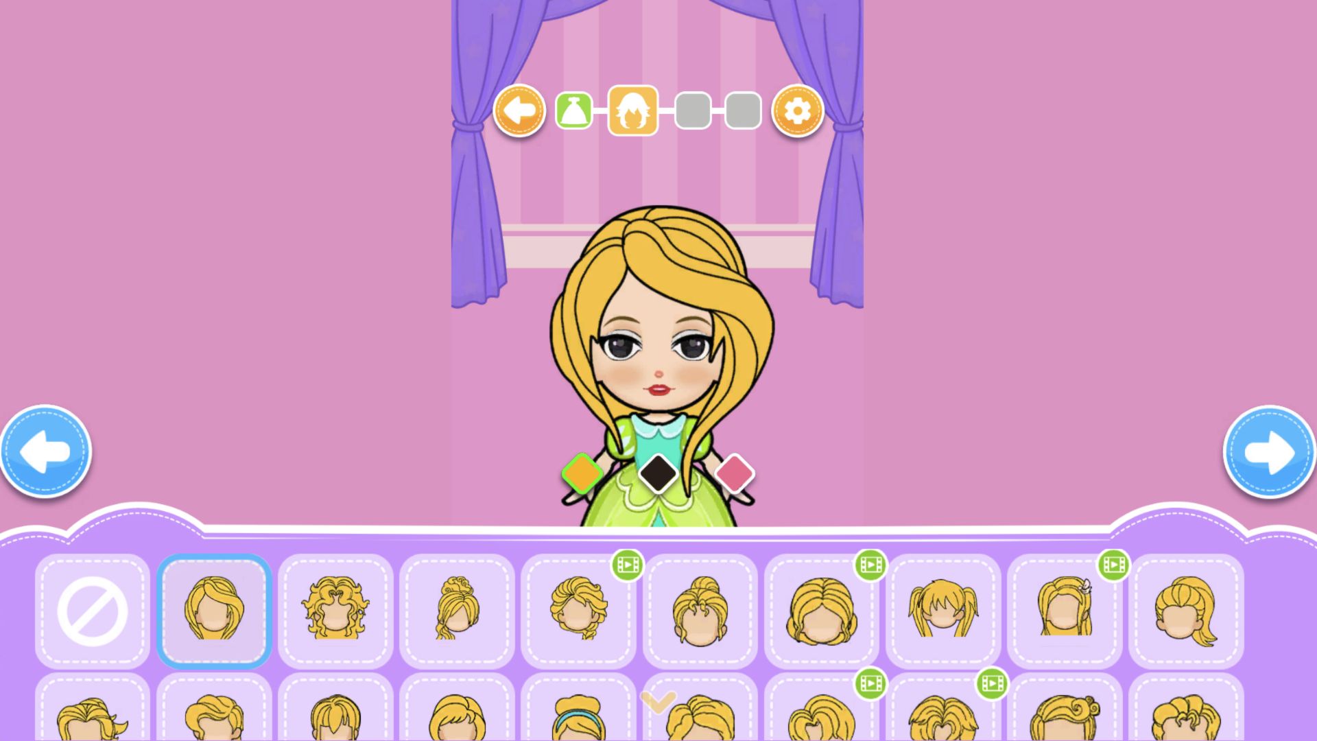 Paper princess in green gown with long side-swept blonde hairstyle selected