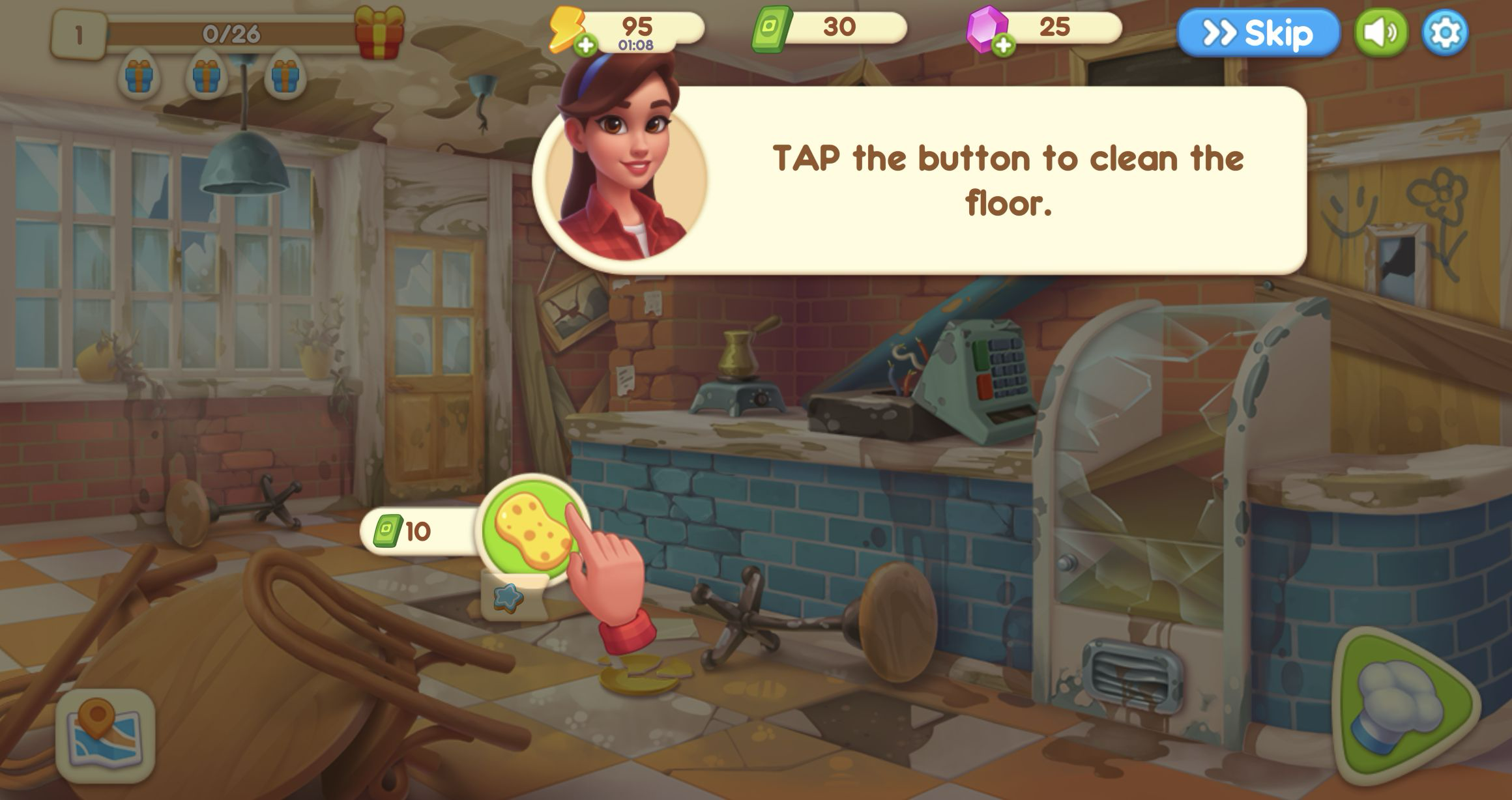 Damaged cafe with 30 money displayed and a sponge floor-cleaning task priced at 10