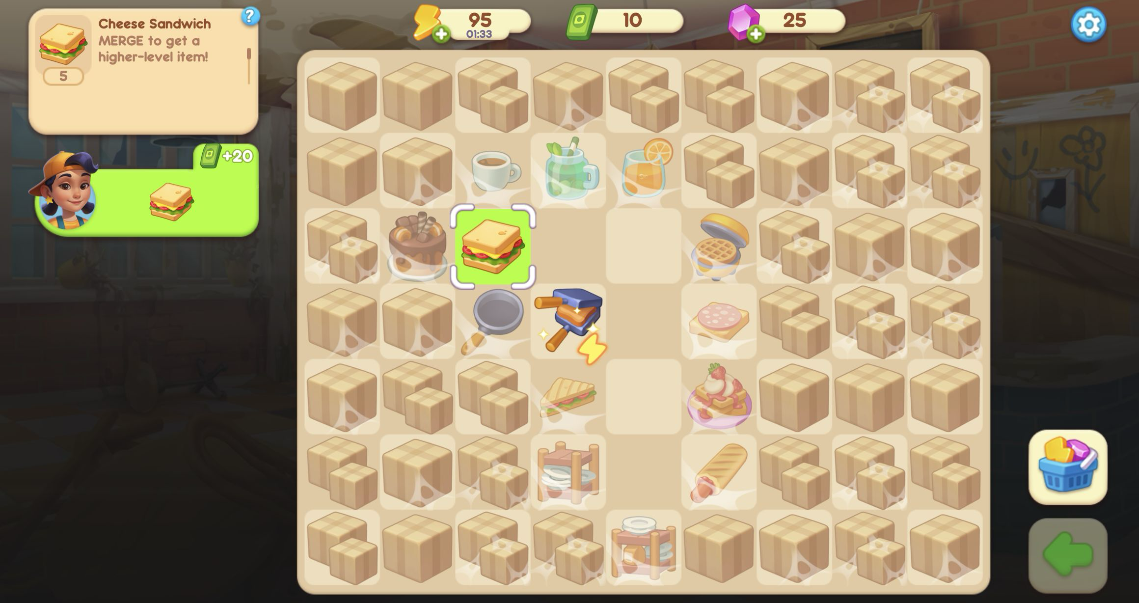 Cheese Sandwich highlighted green beside a matching green order card offering 20 money