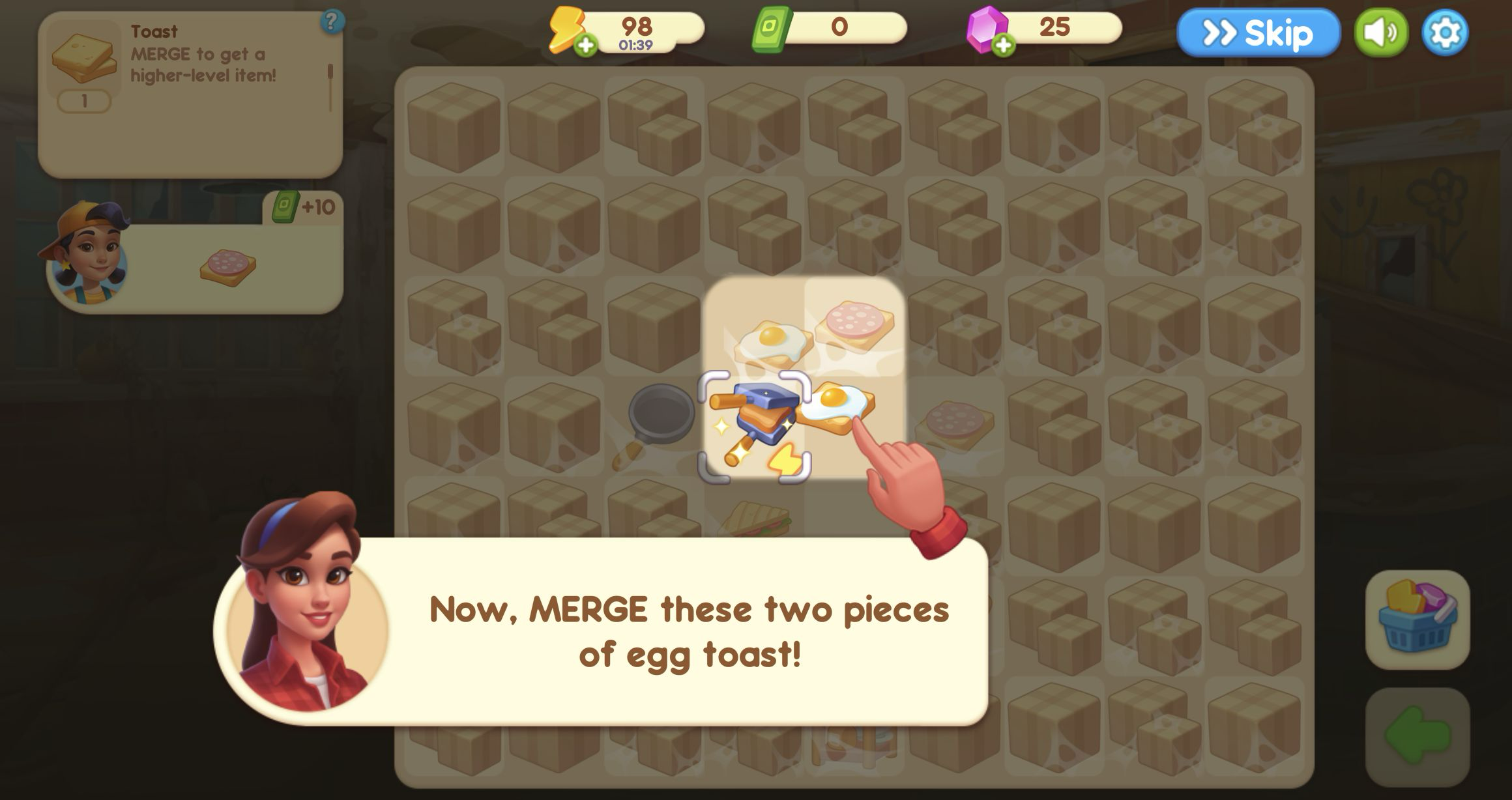 Two Egg Toast items highlighted on the merge board beneath a tutorial prompt