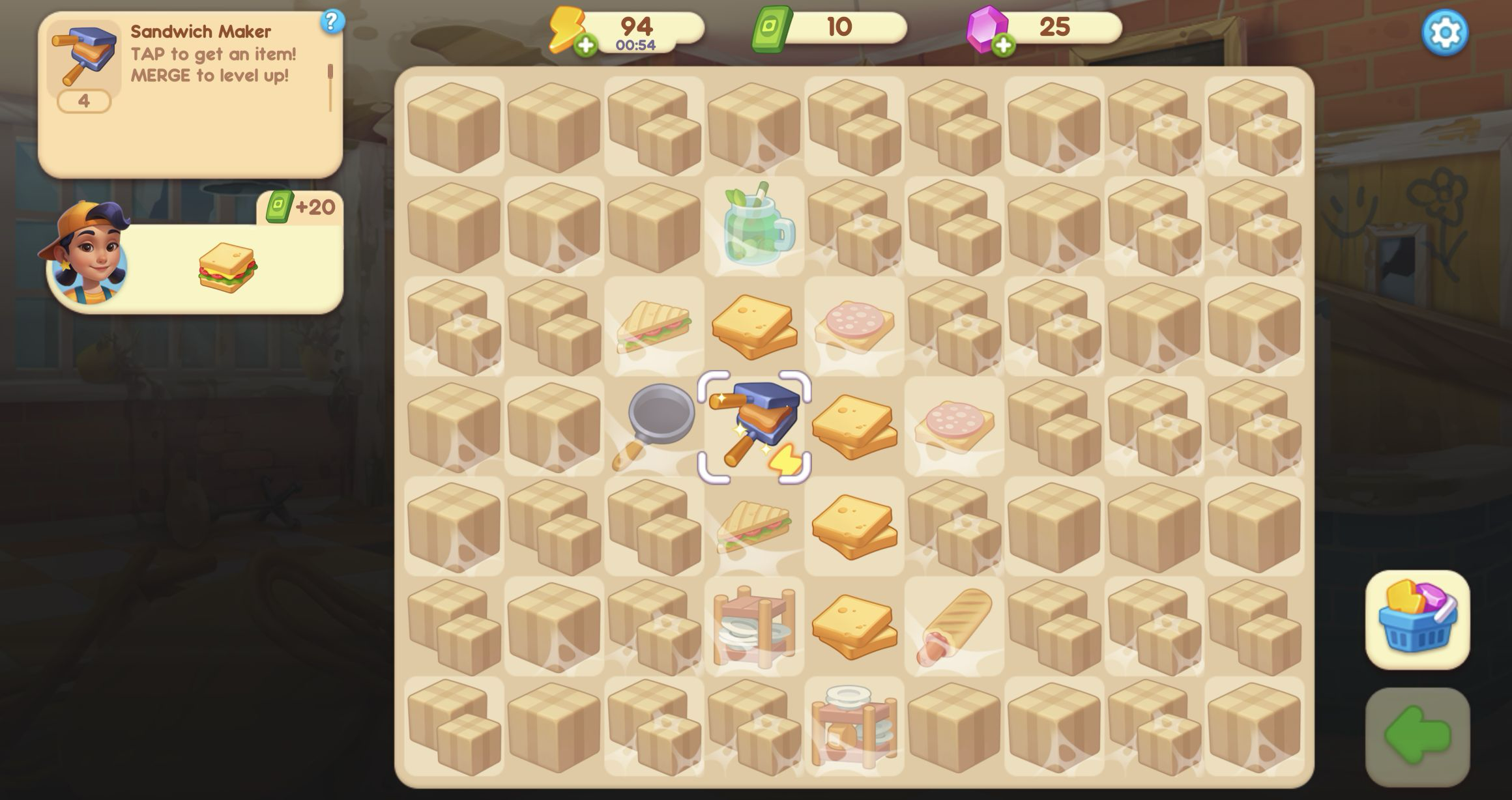 Merge board with a Sandwich Maker, four Toast items, dusty boxes, 94 energy, and a 20-money order