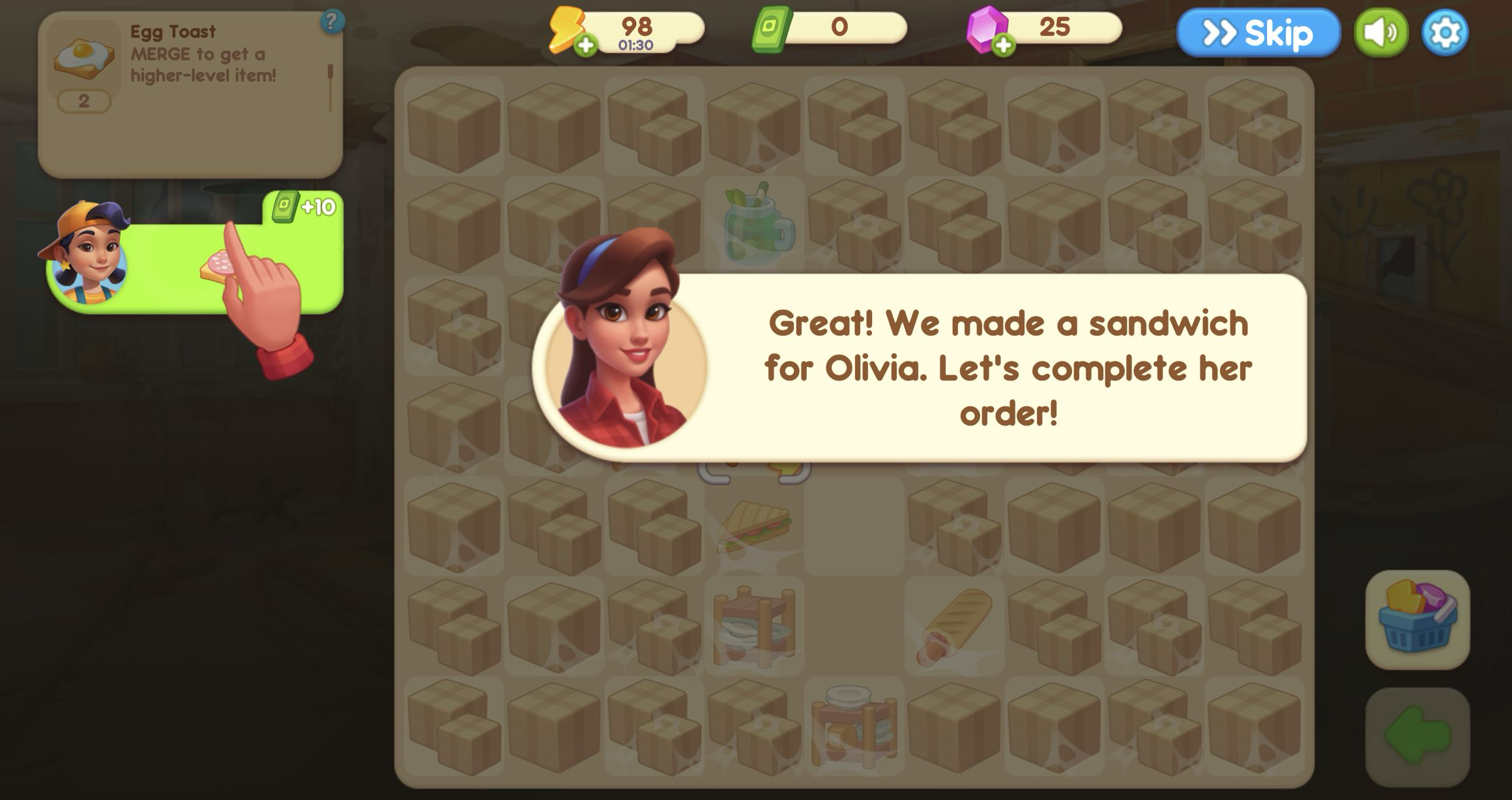 Emily announcing Olivia's ready sandwich beside a green order card, paired with the Playflaming mobile modal entry