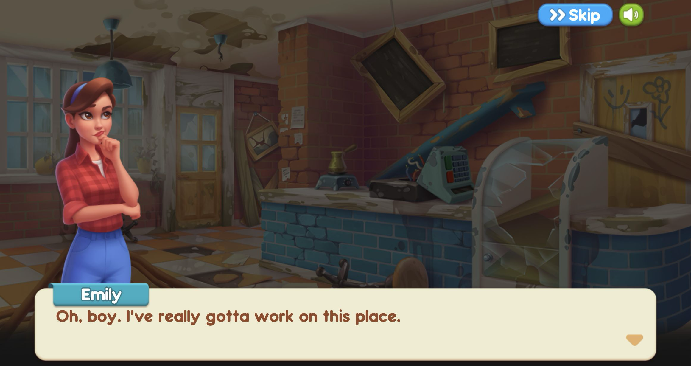 Emily in a red shirt standing inside a cafe with broken furniture, cracked walls, and a damaged display case