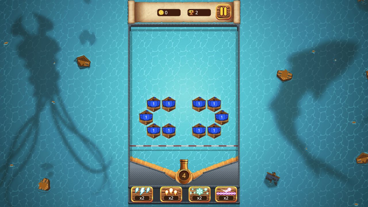 Four cannonballs traveling toward circular groups of blue boats marked with the number one