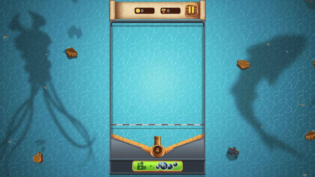 Aiming line extending from the pirate cannon toward two rings of blue boats