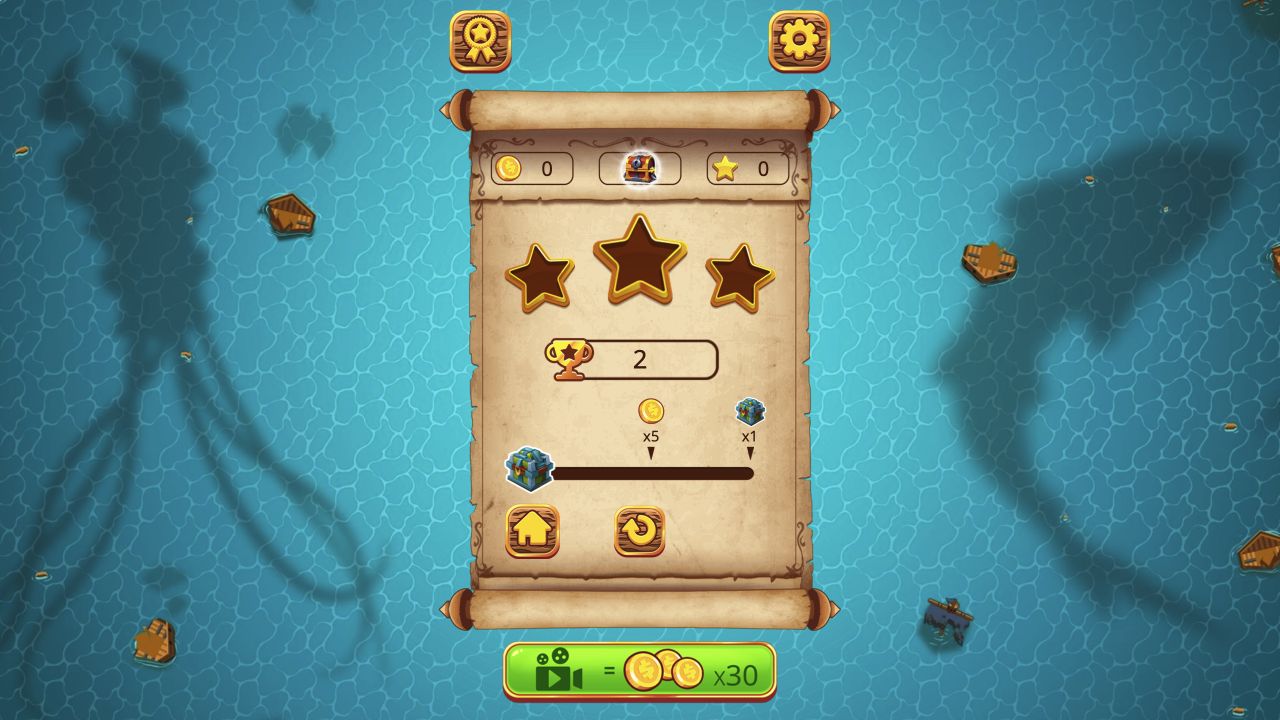 Pirate Cannon A Mega Battle Level 1 result showing two trophies and zero filled stars
