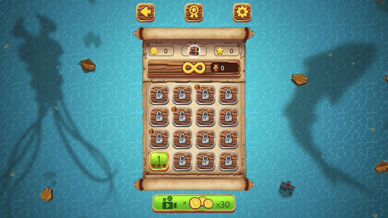 Pirate Cannon A Mega Battle level selection screen with Level 1 available
