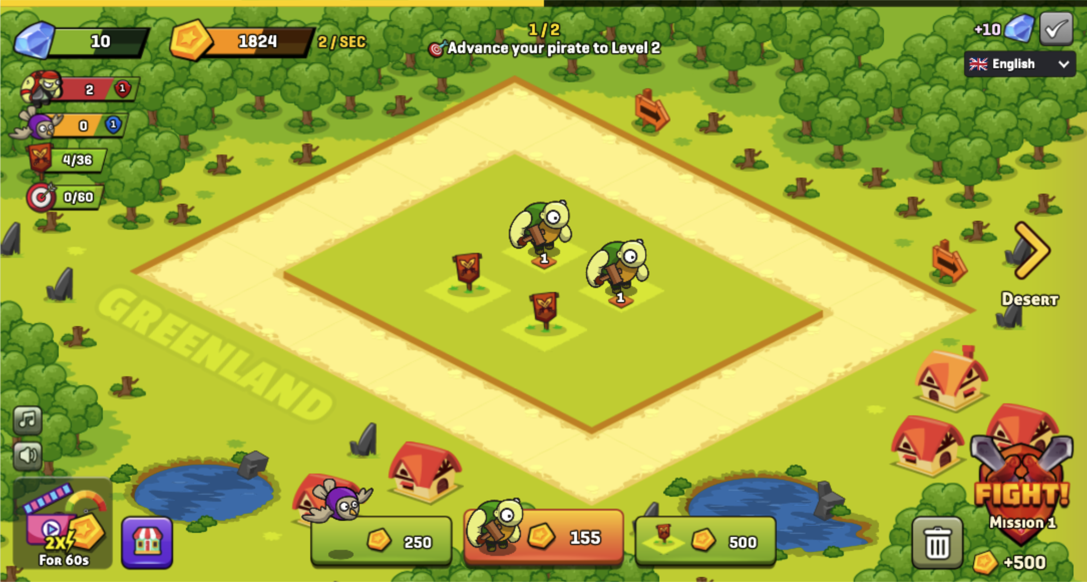 Two level-one pirates on the home board beside the Mission 1 fight button