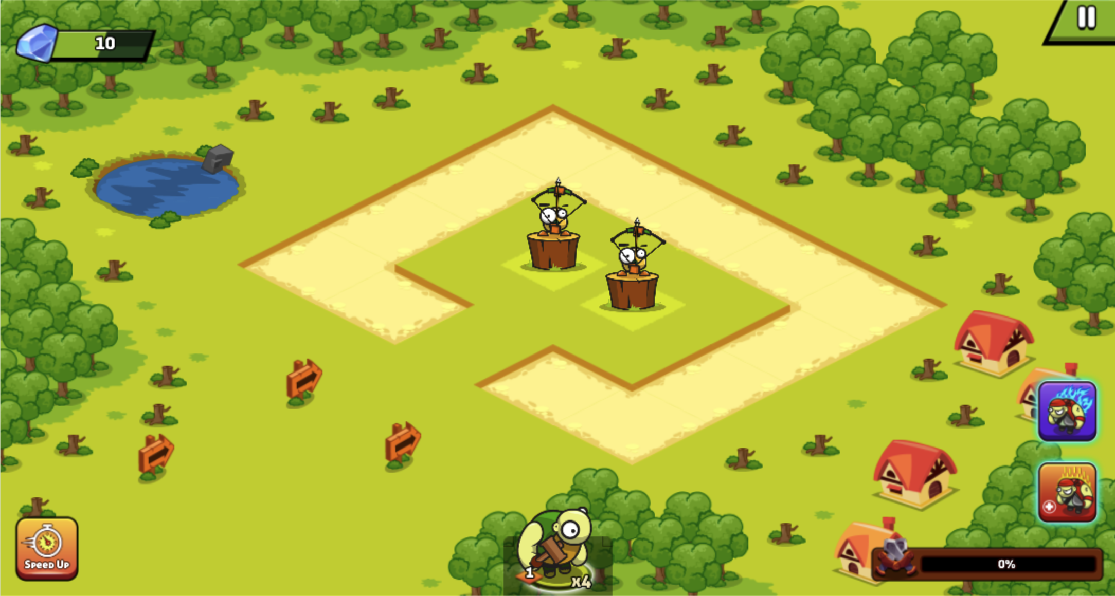 Mission 1 battlefield with two archer towers and four pirates ready to deploy