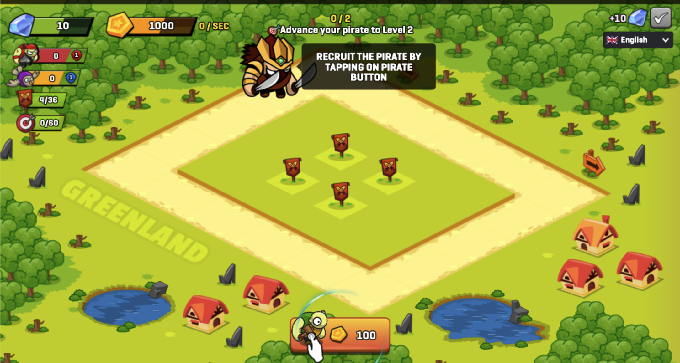 Pirate commander tutorial above four empty training slots and a 100-coin recruit button