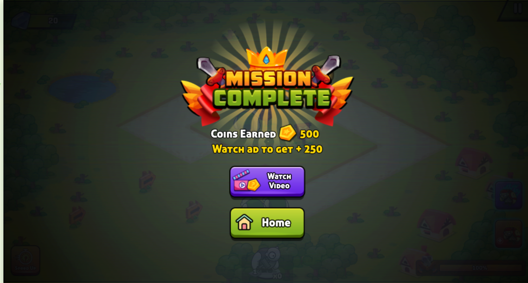 Mission Complete panel awarding 500 coins with an optional 250-coin video bonus