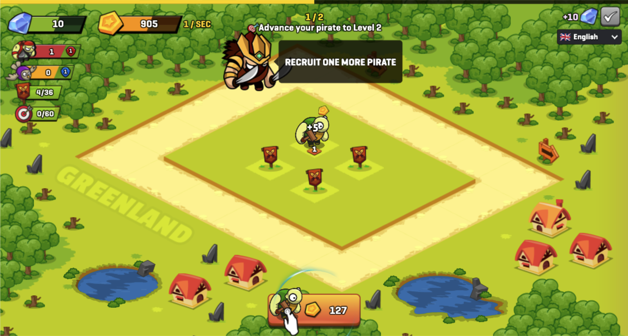One level-one pirate on the training field with the next recruit priced at 127 coins