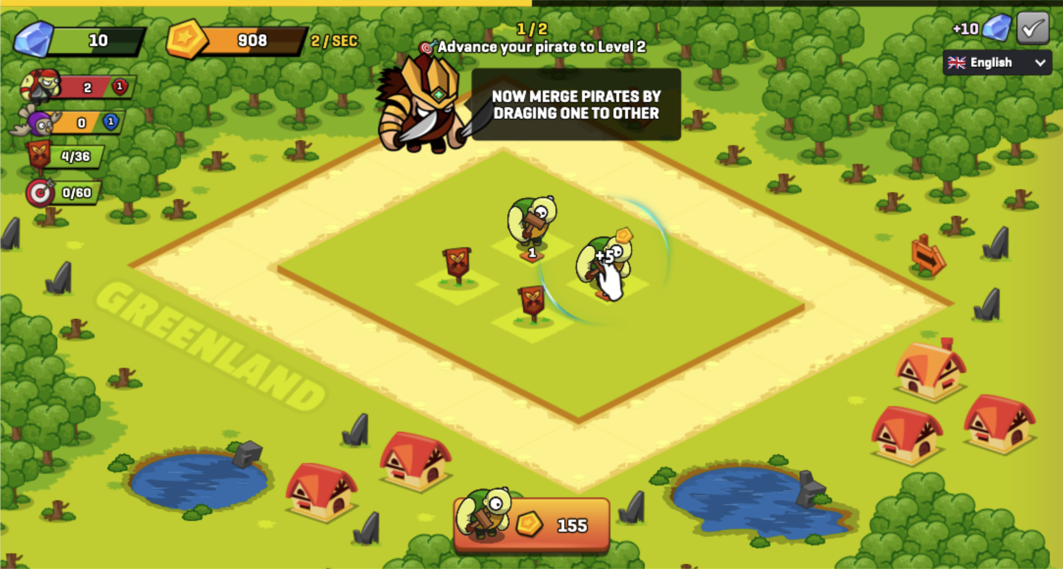 Two level-one pirates on adjacent slots while the tutorial asks for a drag merge