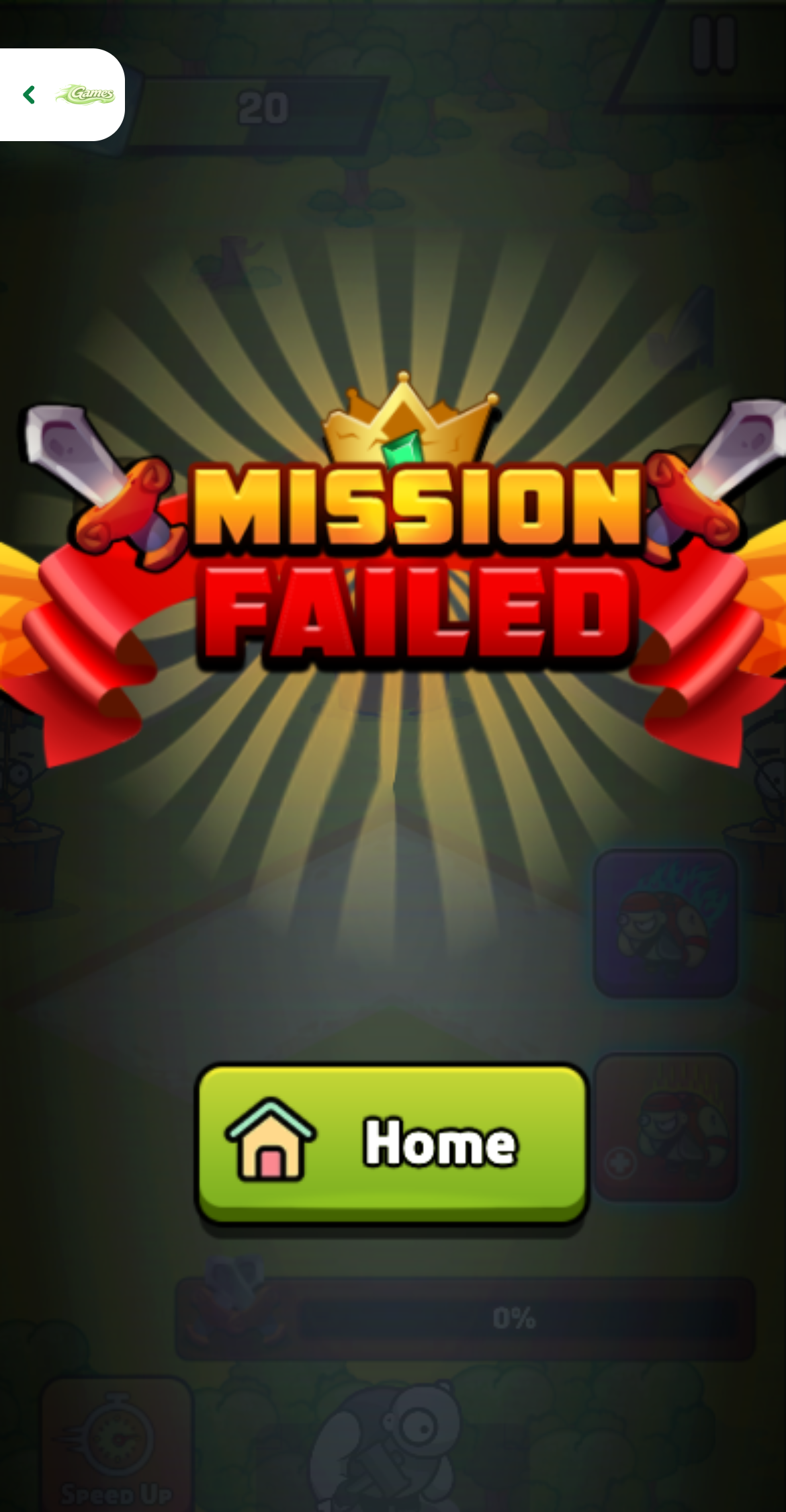 Pirates Merge: War Path mobile fullscreen Mission Failed overlay above a zero-percent progress bar and Home button