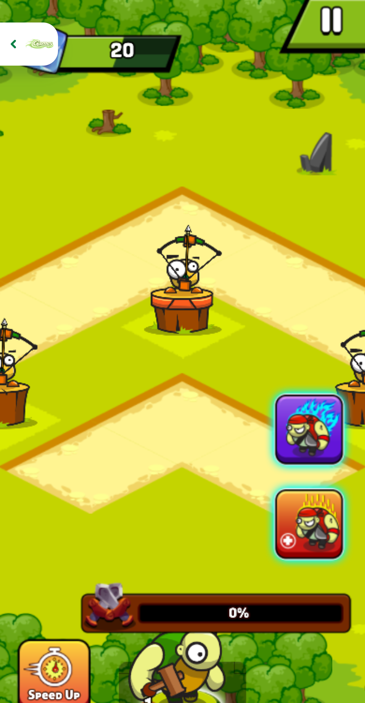 Pirates Merge: War Path Mission 2 mobile view with three archer towers, a zero-percent progress bar, and the Exit game control