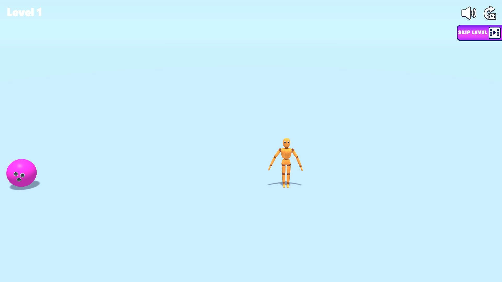 The purple ball displaced to the left while the wooden ragdoll remains upright