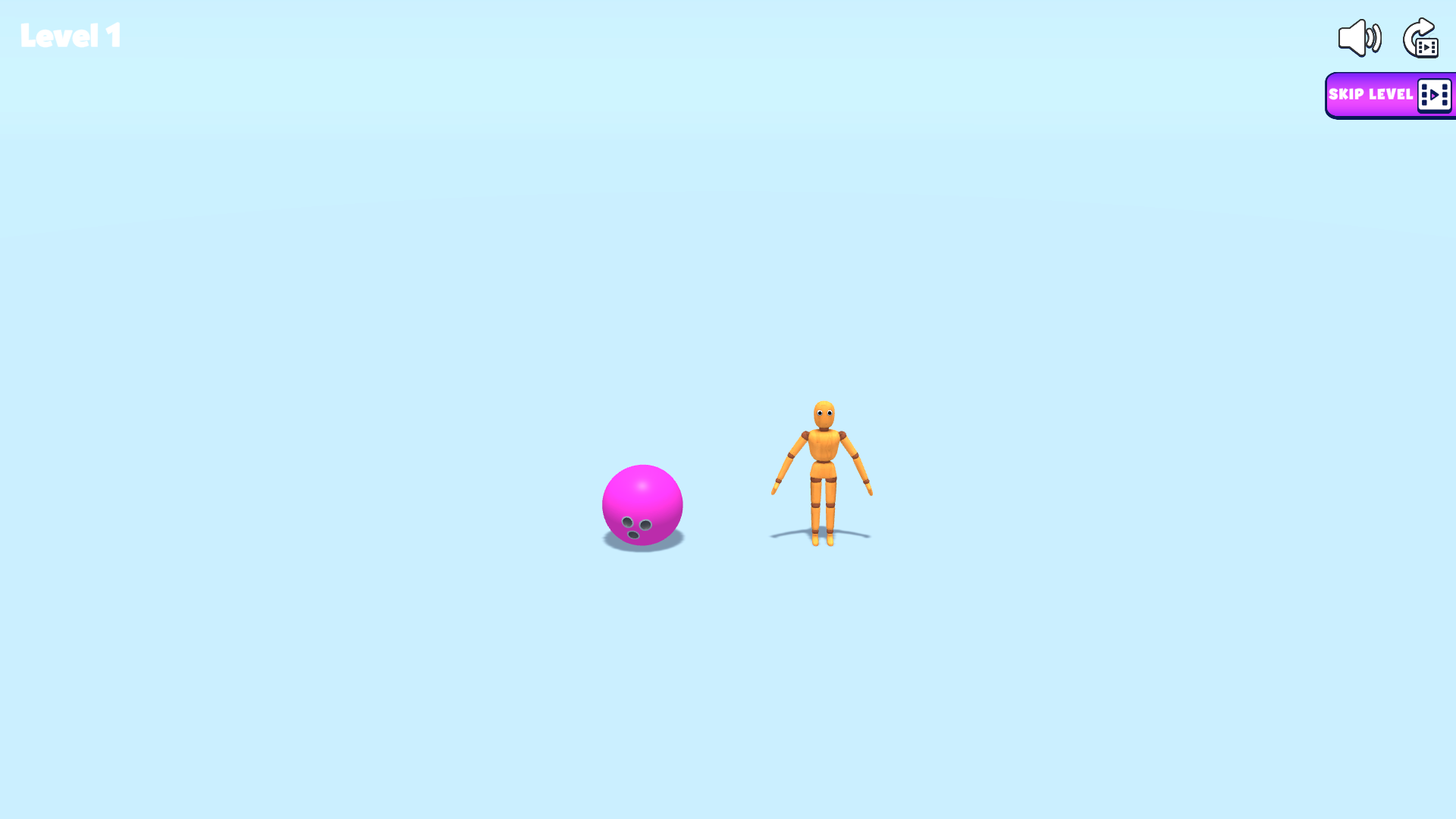 Level 1 with a smiling purple ball on the left and an upright wooden ragdoll on the right