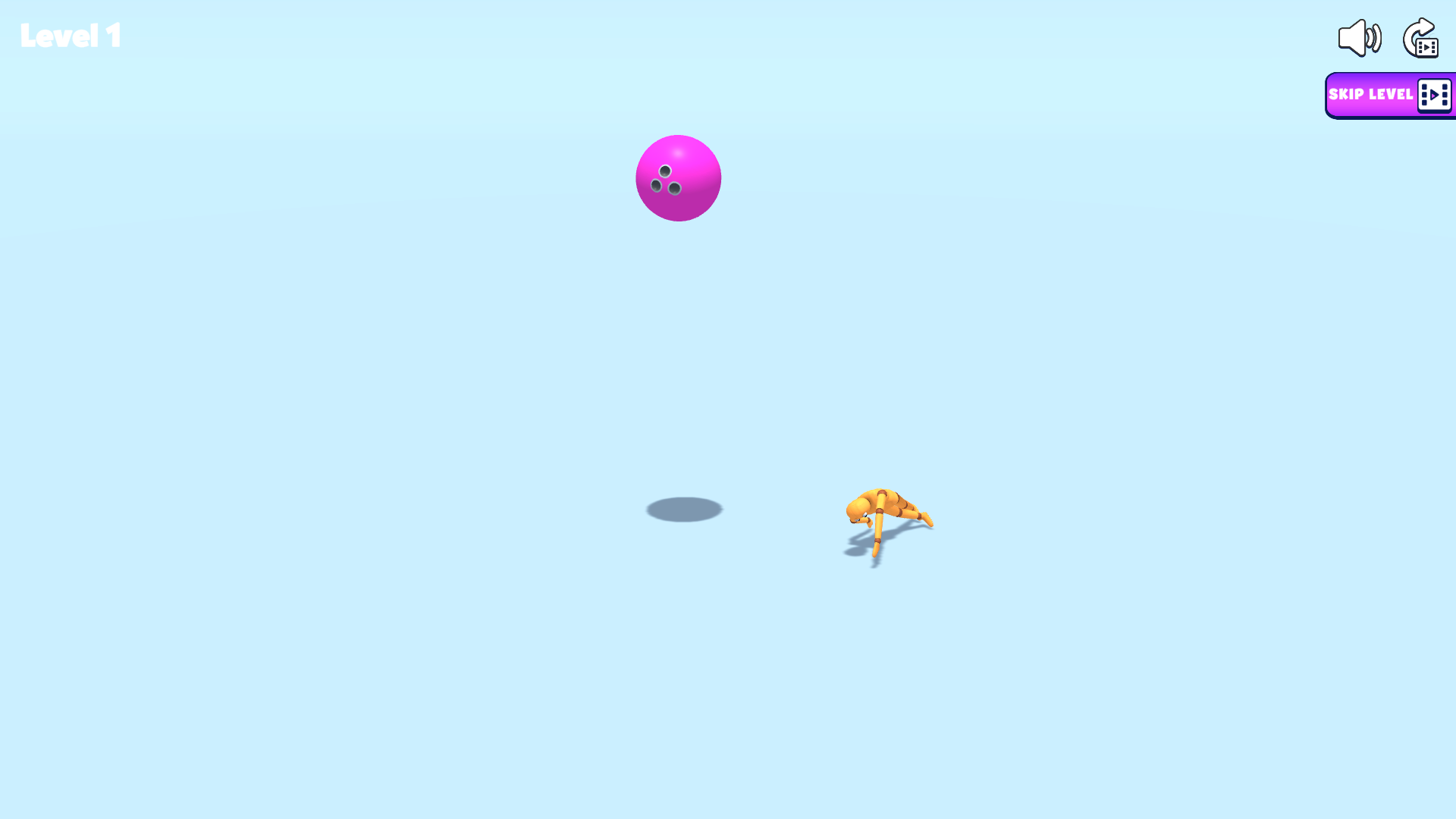 The wooden ragdoll collapsed on the floor while the purple ball hangs above it