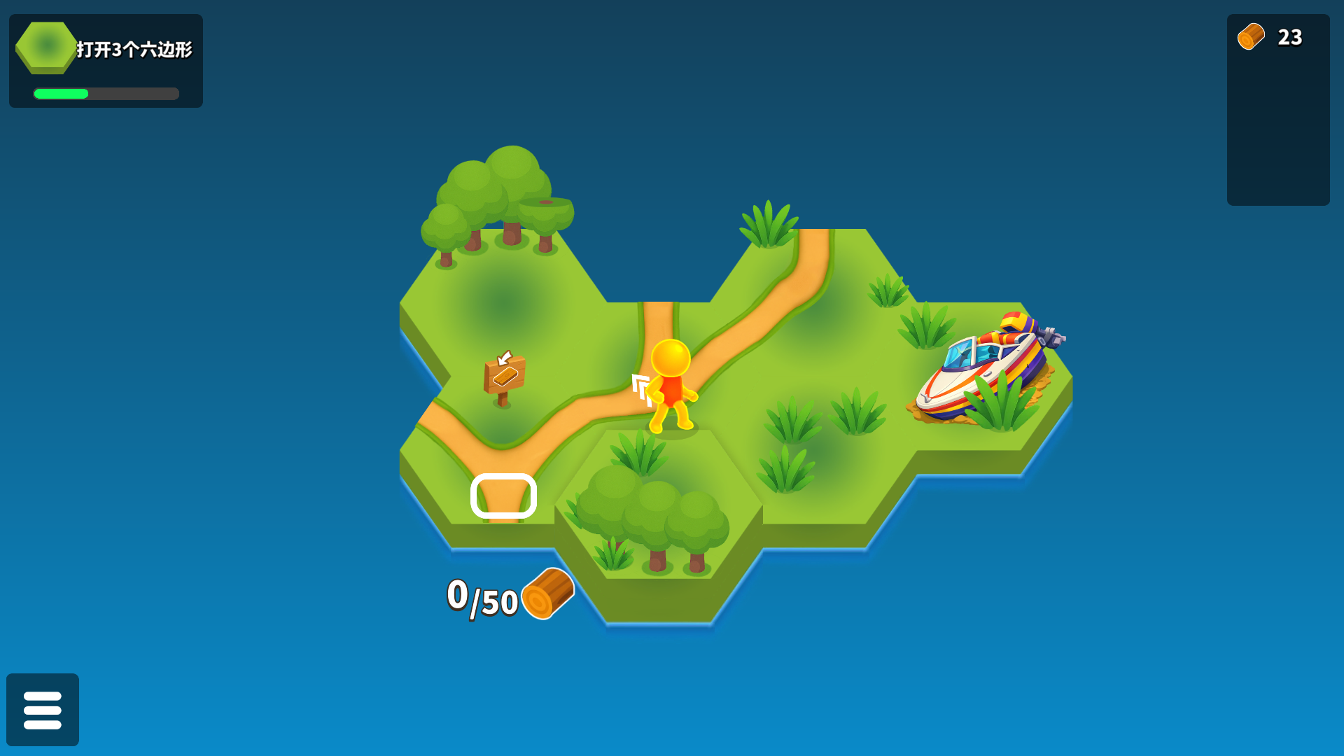 Pocket Universe world after the first hex unlock with a new grove and a gate labelled 0 of 50 logs