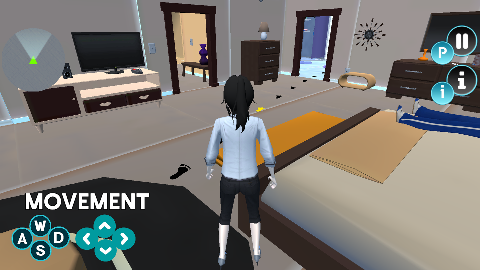The mother facing a doorway with black footprints leading across the bedroom floor