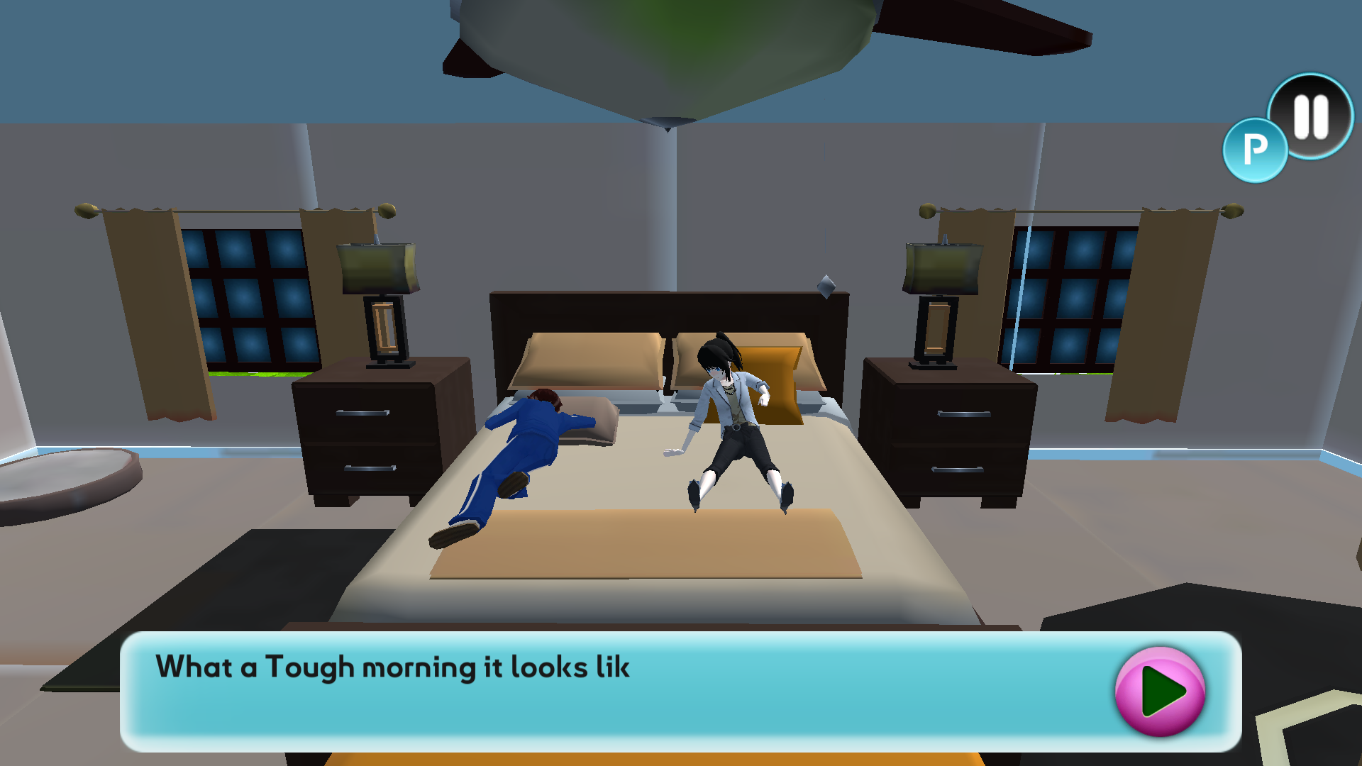 Pregnant Mother Simulator opening scene with the mother and her husband sitting on the bed