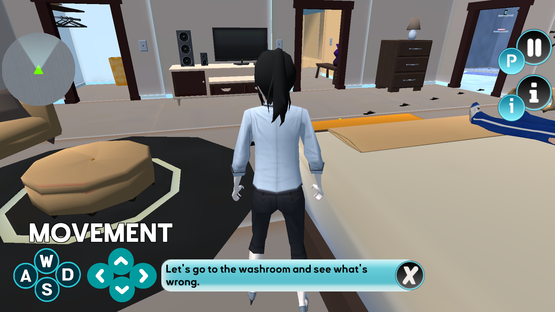 The mother seated upright on the bed while the first dialogue box remains visible