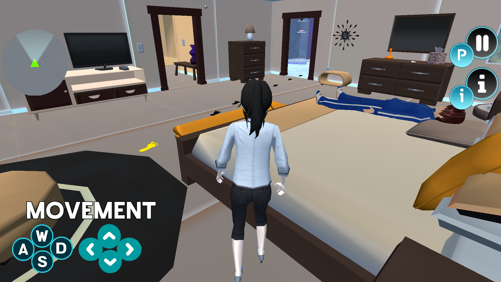 The mother walking away from the bed toward the television area while following the first mission