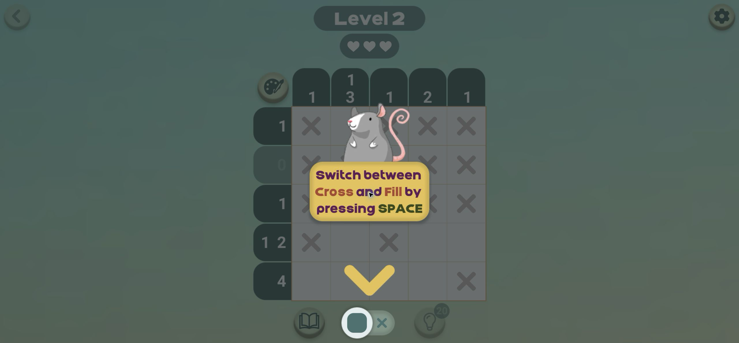 Rat's House - Nonogram Level 2 tutorial explaining that Space switches between Cross and Fill modes