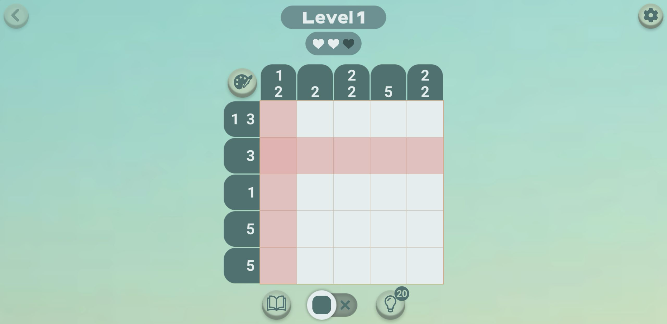 Level 1 after an incorrect fill with the affected row and column flashing red and one heart temporarily darkened