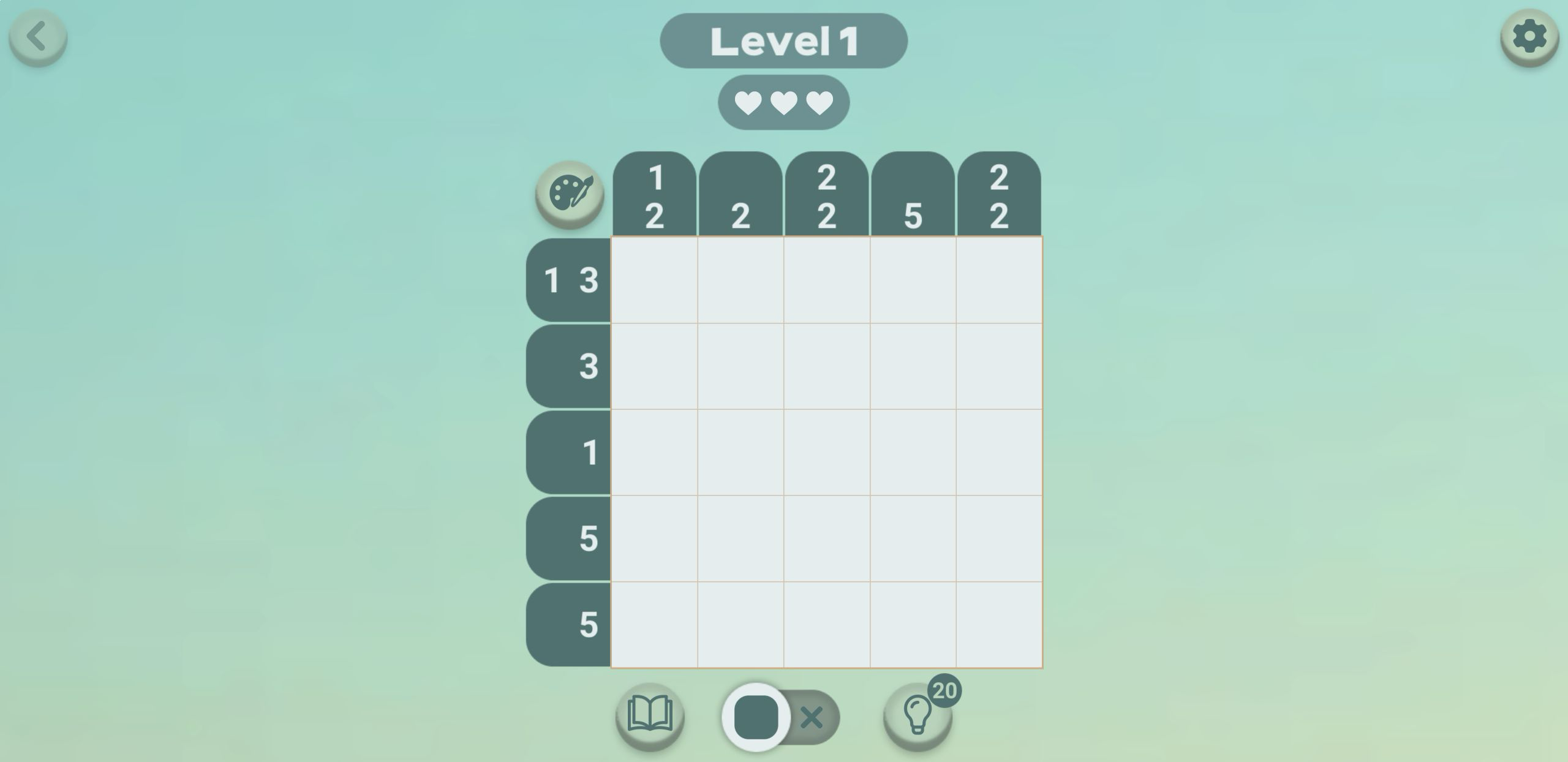 Rat's House - Nonogram Level 1 opening five-by-five grid with row and column clues, three hearts, fill and cross controls, and 20 hints