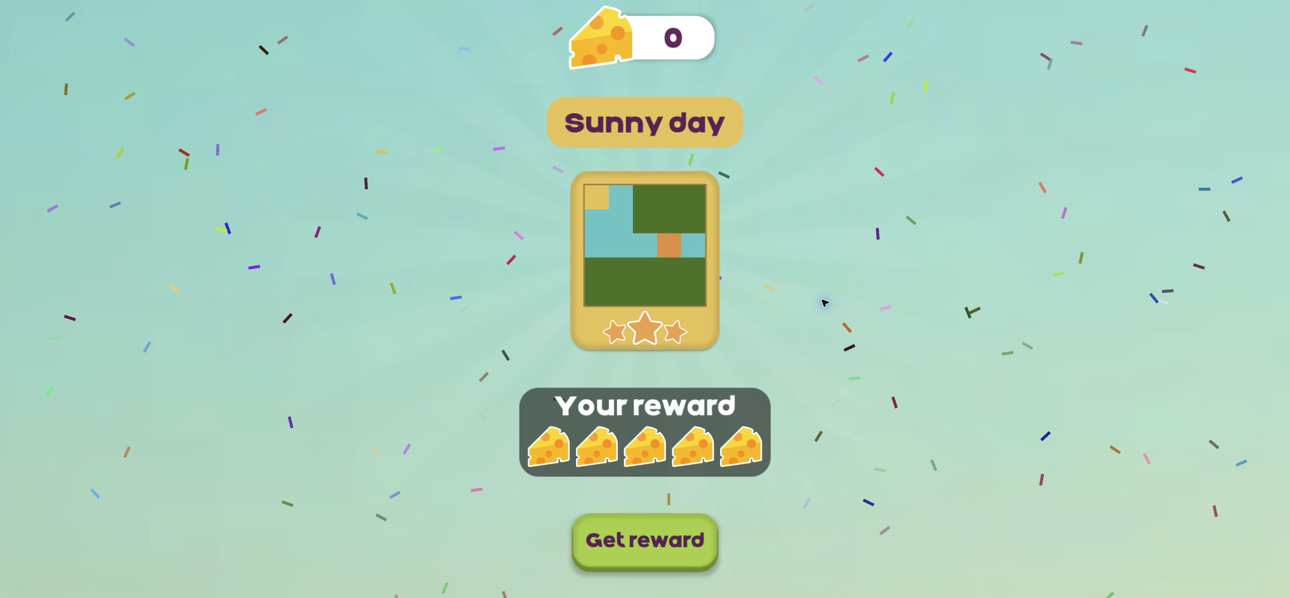 Sunny day result screen with a pixel-art tree scene, one filled star, confetti, and five cheese rewards