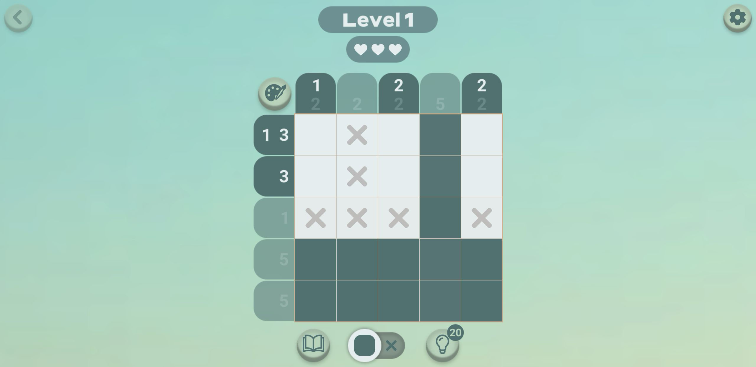 Partly solved Level 1 grid with the bottom two rows and fourth column filled while impossible cells are marked with crosses