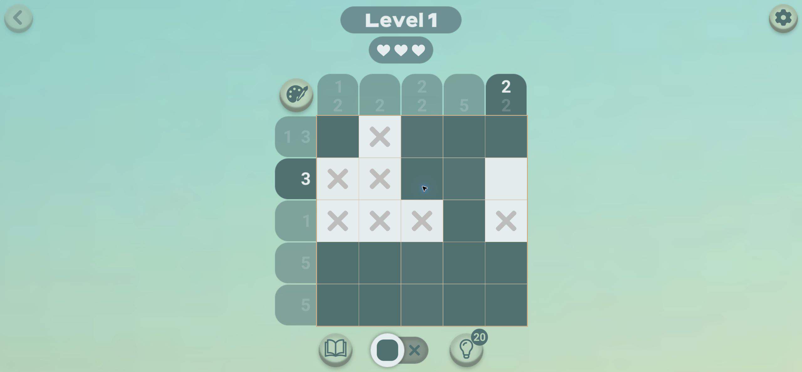Nearly completed Level 1 nonogram with only the rightmost cell of the second row still empty