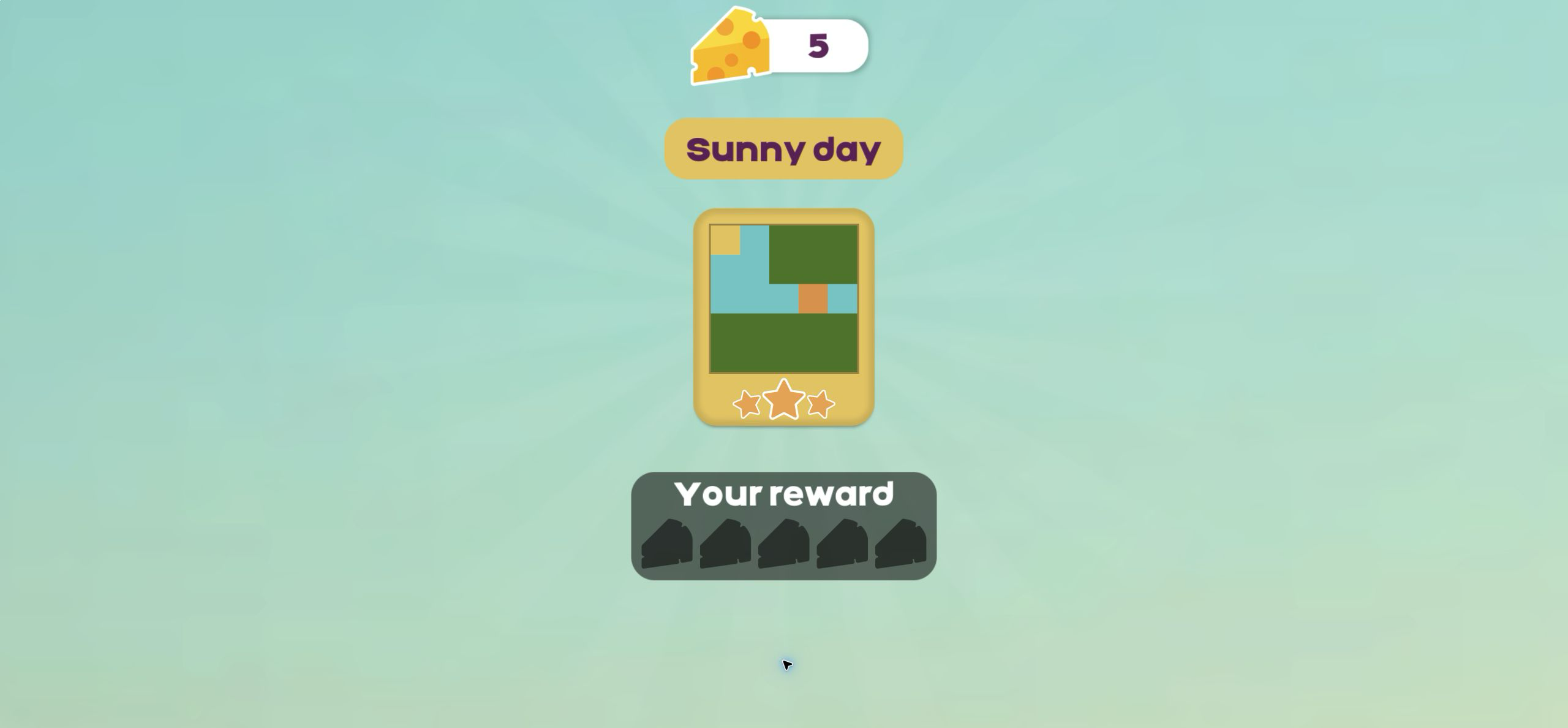 Sunny day reward screen after collection with the cheese counter showing 5 and the five reward icons darkened