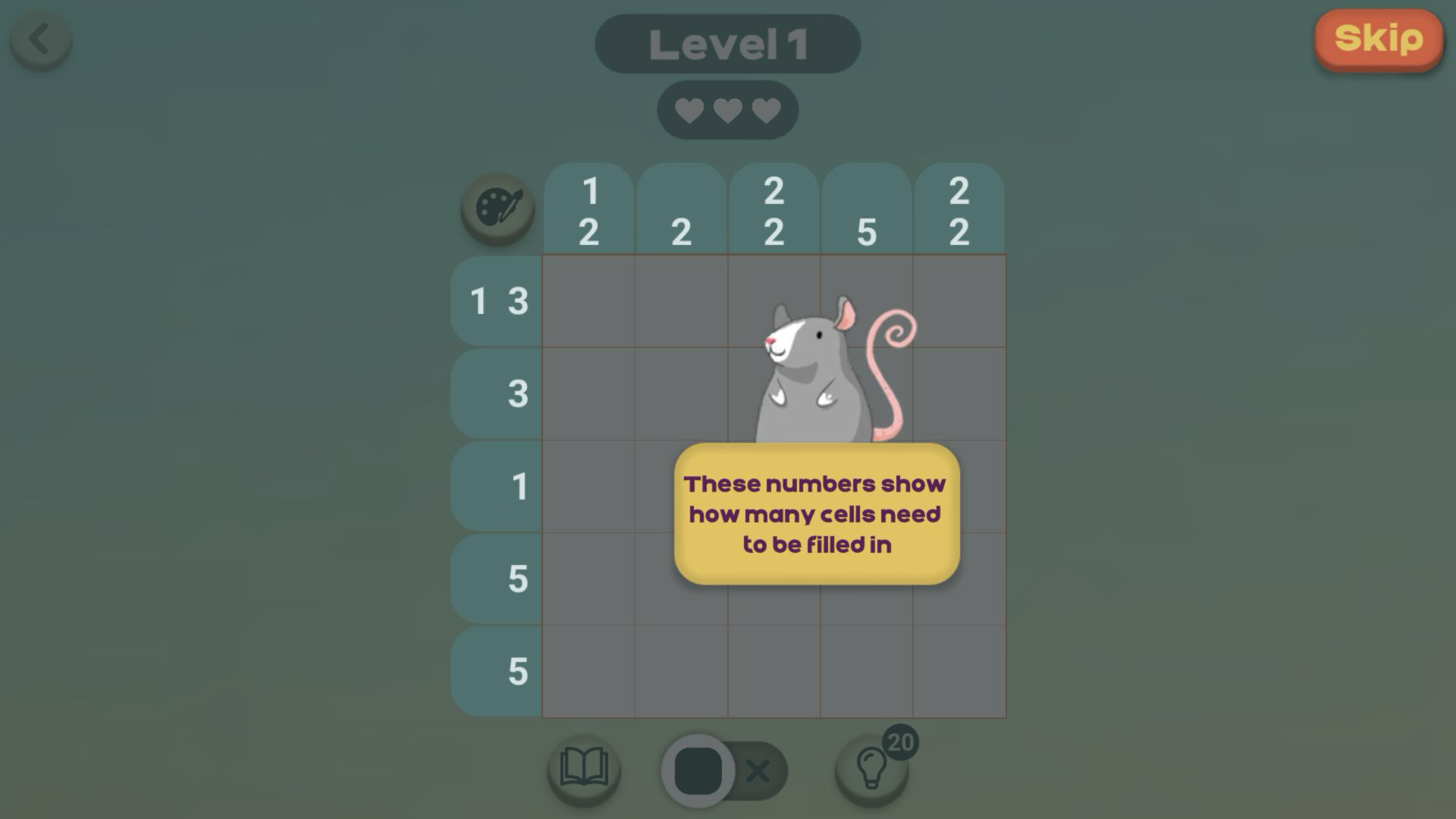 Rat's House - Nonogram Level 1 tutorial showing a rat over a five-by-five grid and number clues around the board