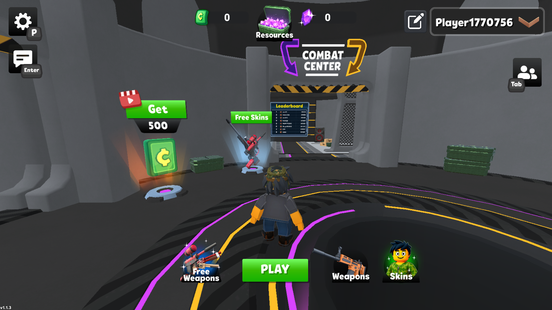 Third-person RIVALS FPS avatar in the Combat Center lobby with Play, Weapons, Skins, and Free Weapons buttons