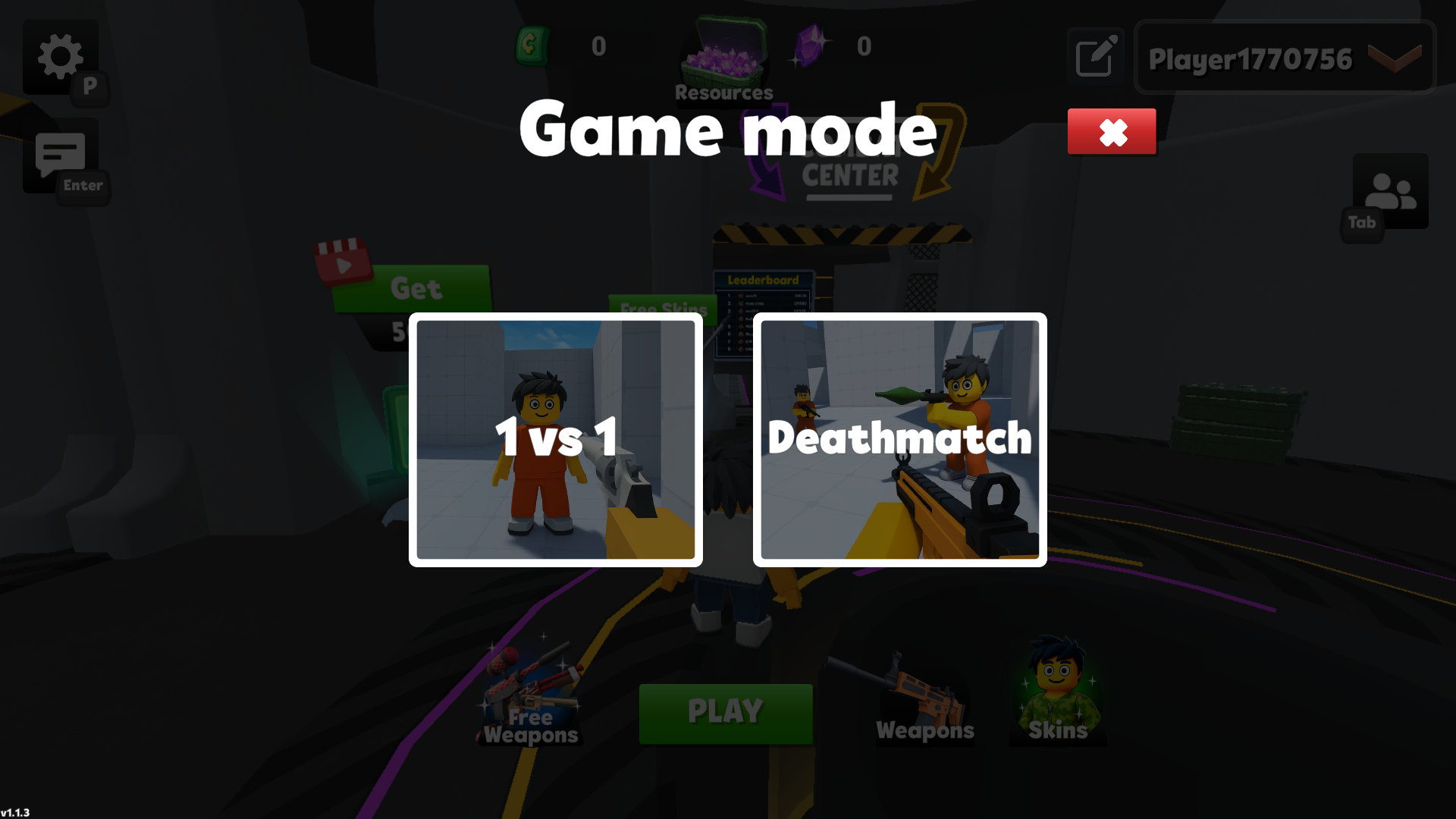 RIVALS FPS Game mode panel showing 1vs1 and Deathmatch cards