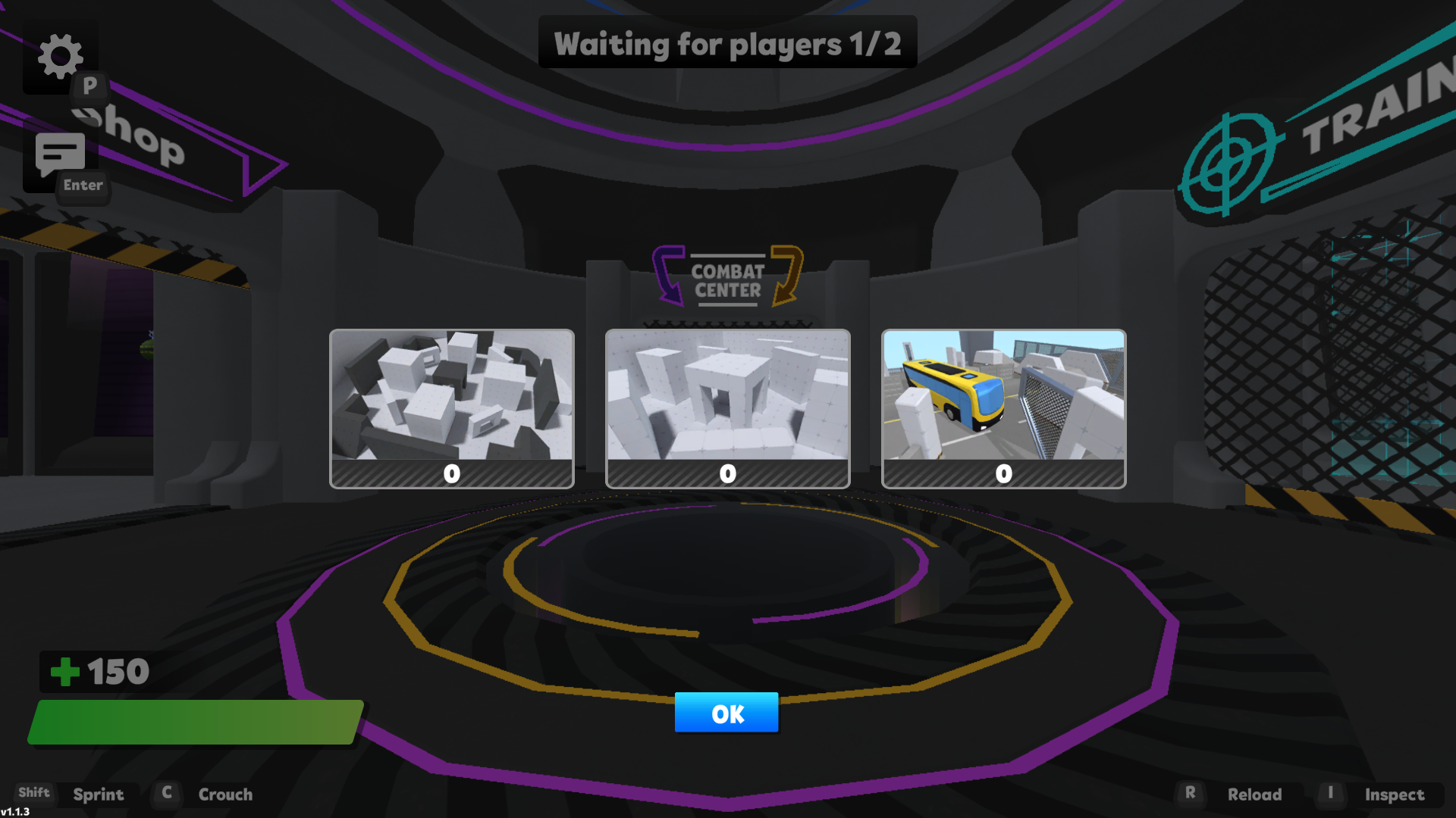 RIVALS FPS map vote with three arena thumbnails and Waiting for players 1/2 at the top
