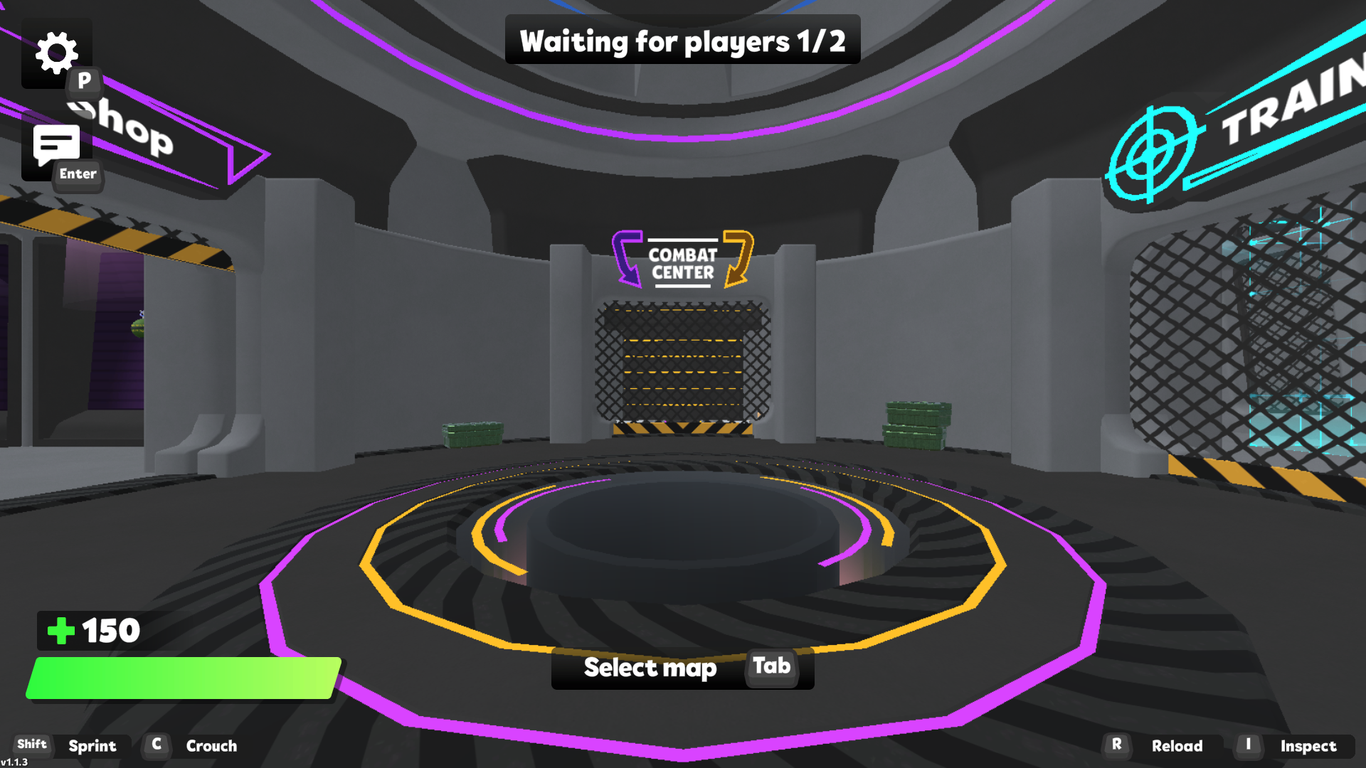 First-person RIVALS FPS lobby view with Waiting for players 1/2 above the closed Combat Center gate