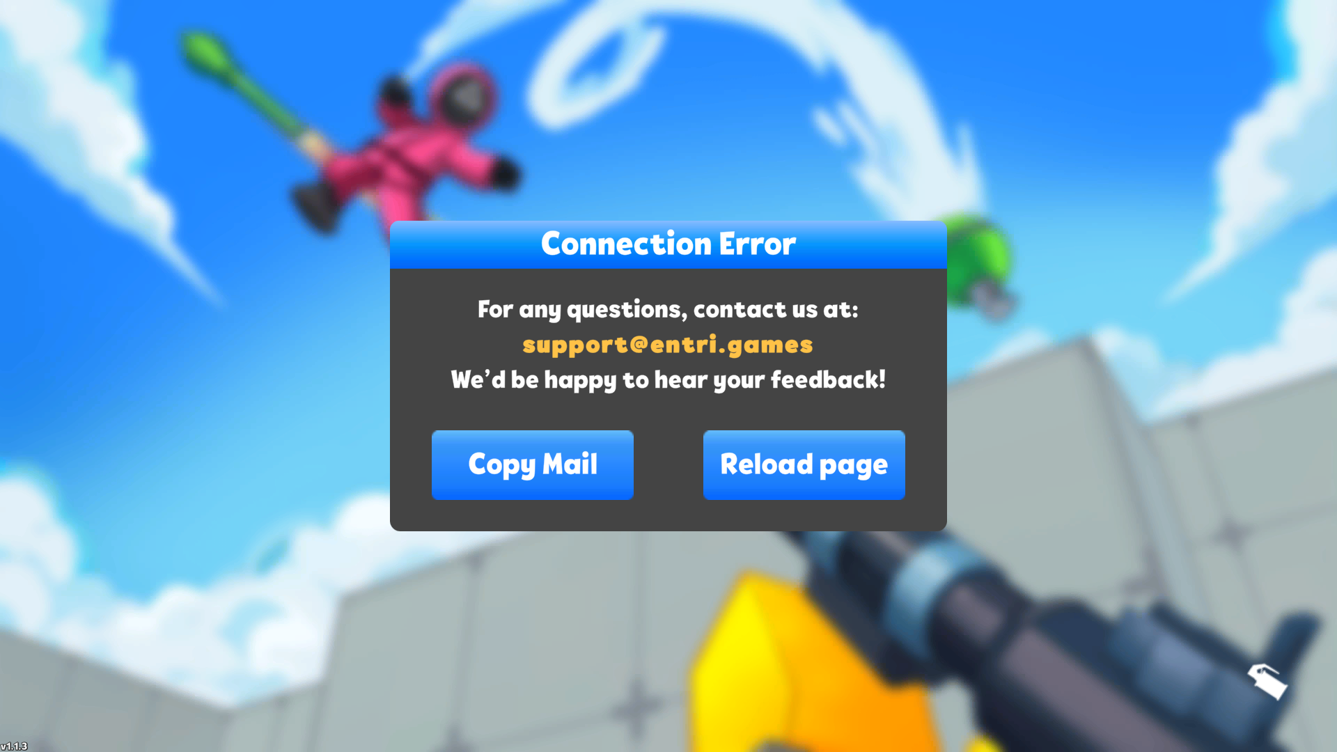 Desktop RIVALS FPS Connection Error panel and the black mobile fullscreen surface from the blocked local attempt