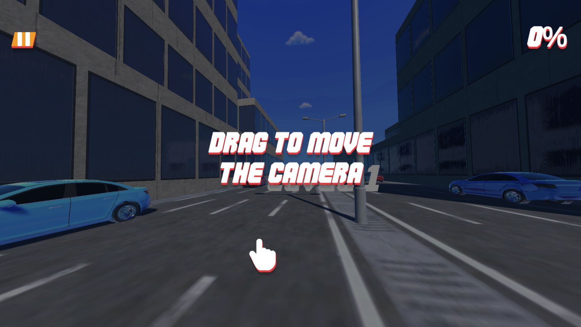 Darkened Rooftop Run street view showing Drag to Move the Camera, a hand icon, and zero percent progress