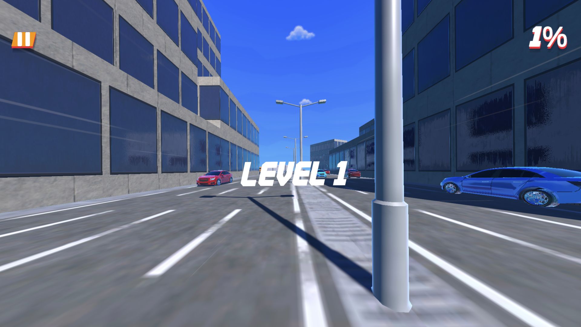 Rooftop Run Level 1 in motion at one percent with a large streetlight pole covering the right-center view