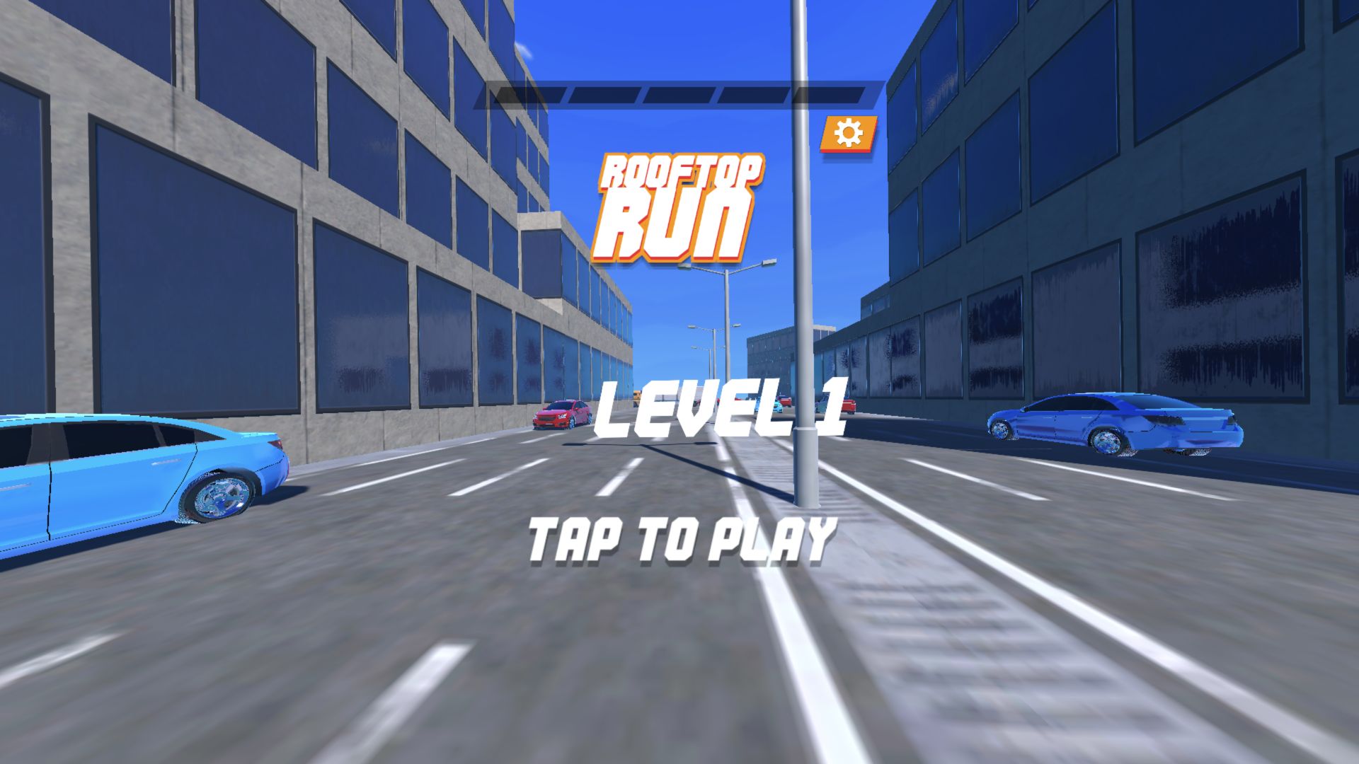 Rooftop Run Level 1 start screen on a city street with cars, office buildings, and Tap to Play text