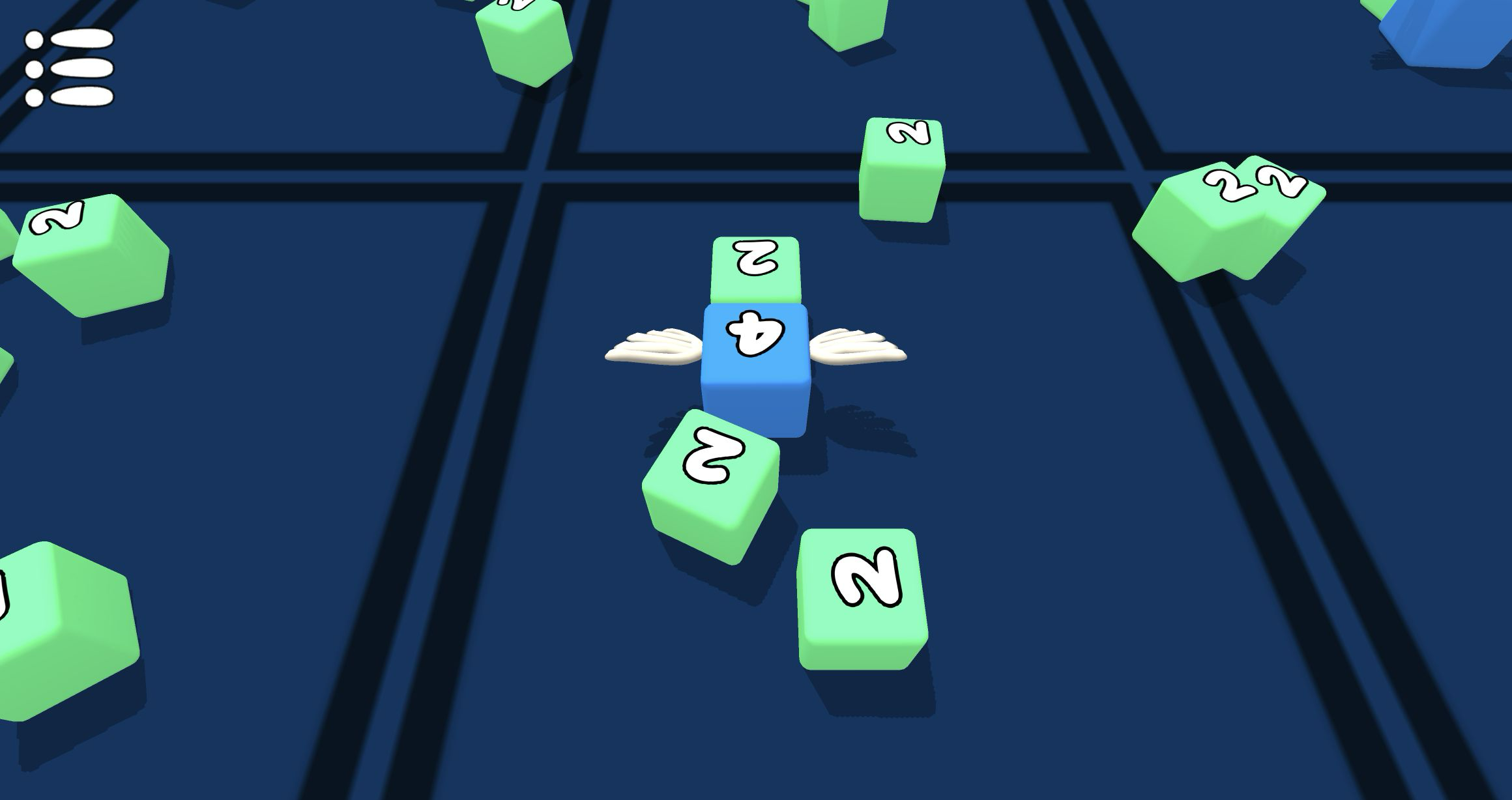 Blue 4 cube leading a green 2 cube through the dark tiled Snake 2048 arena
