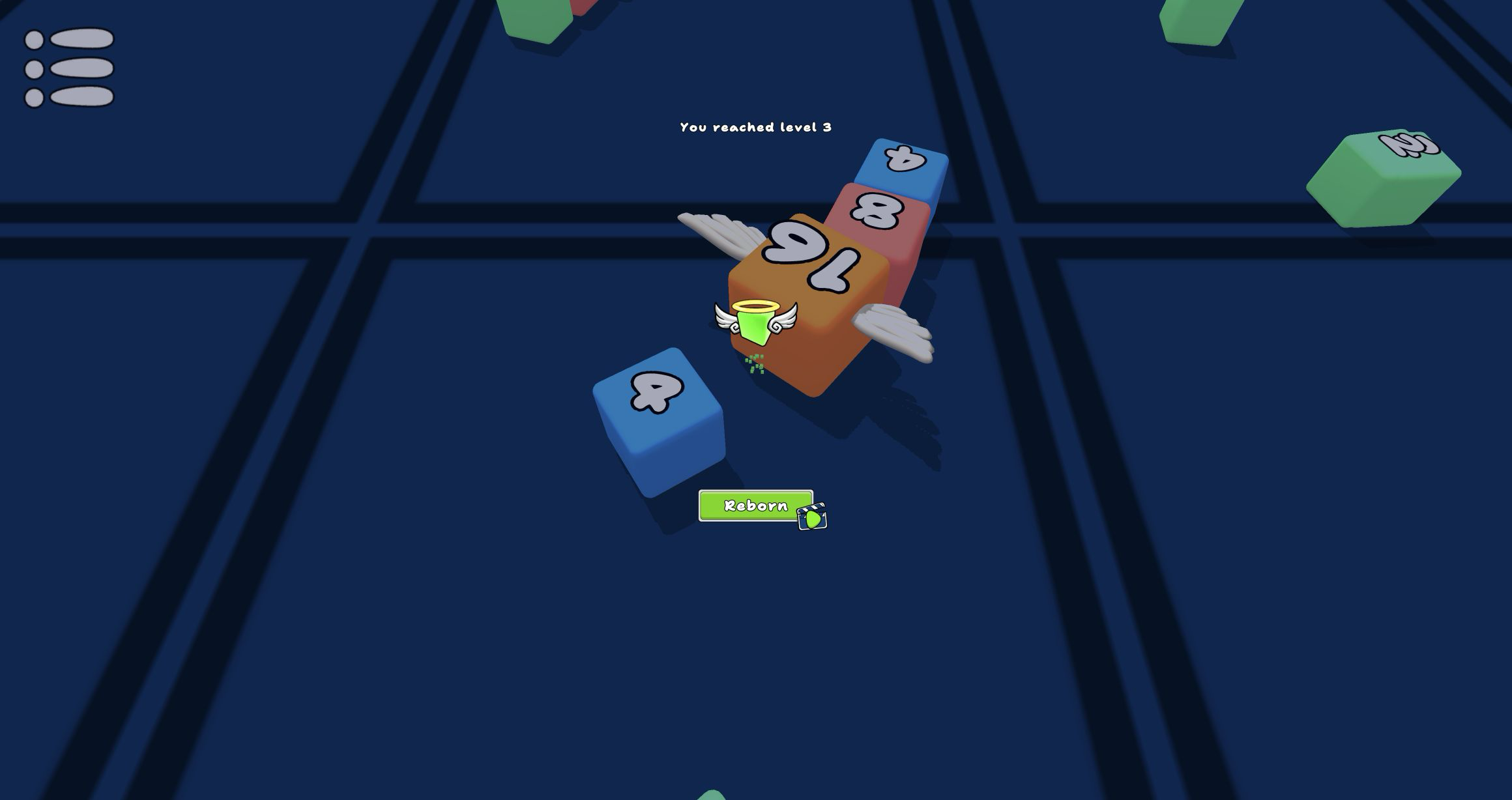 Snake 2048 crash overlay stating You reached level 3 above a Reborn button