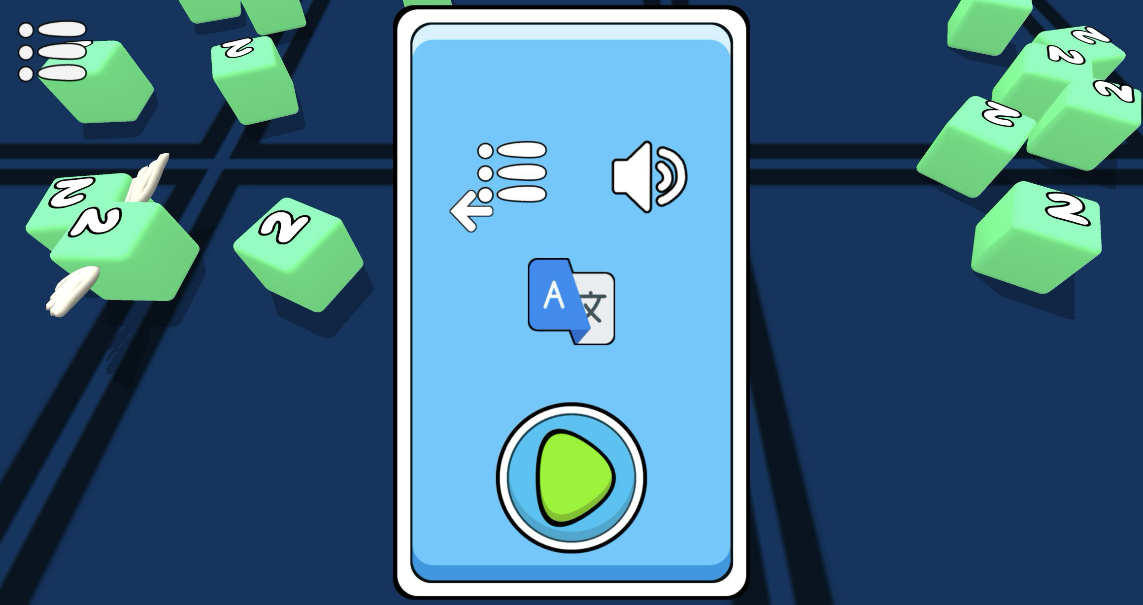 Snake 2048 overlay showing back, sound, language, and play icons