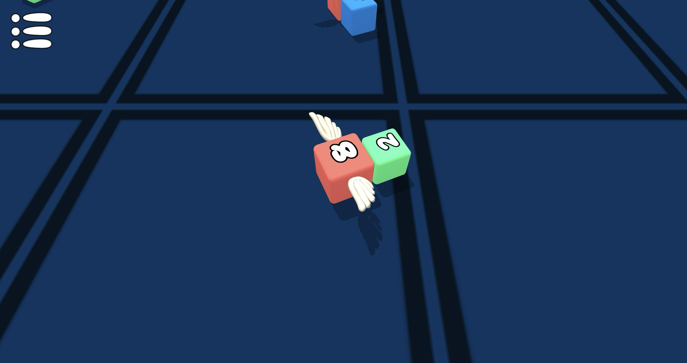 Winged red 8 cube turning beside a green 2 cube on the arena grid