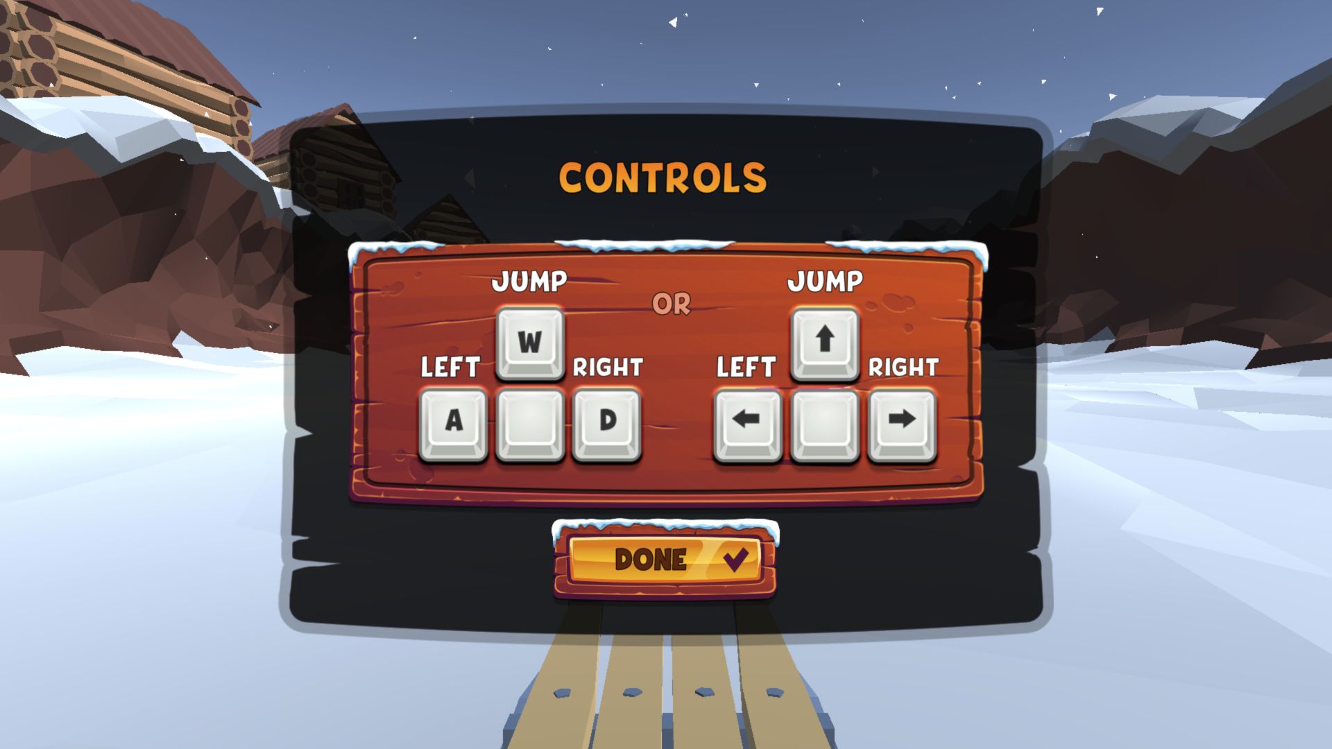 Snow Rush 3D first-run controls card showing W or up arrow for jump and A-D or left-right arrows for steering