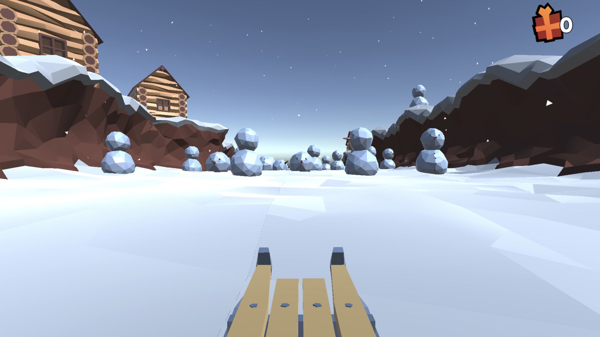 First-person wooden sled entering a Snow Rush 3D valley filled with rows of low-poly snowmen
