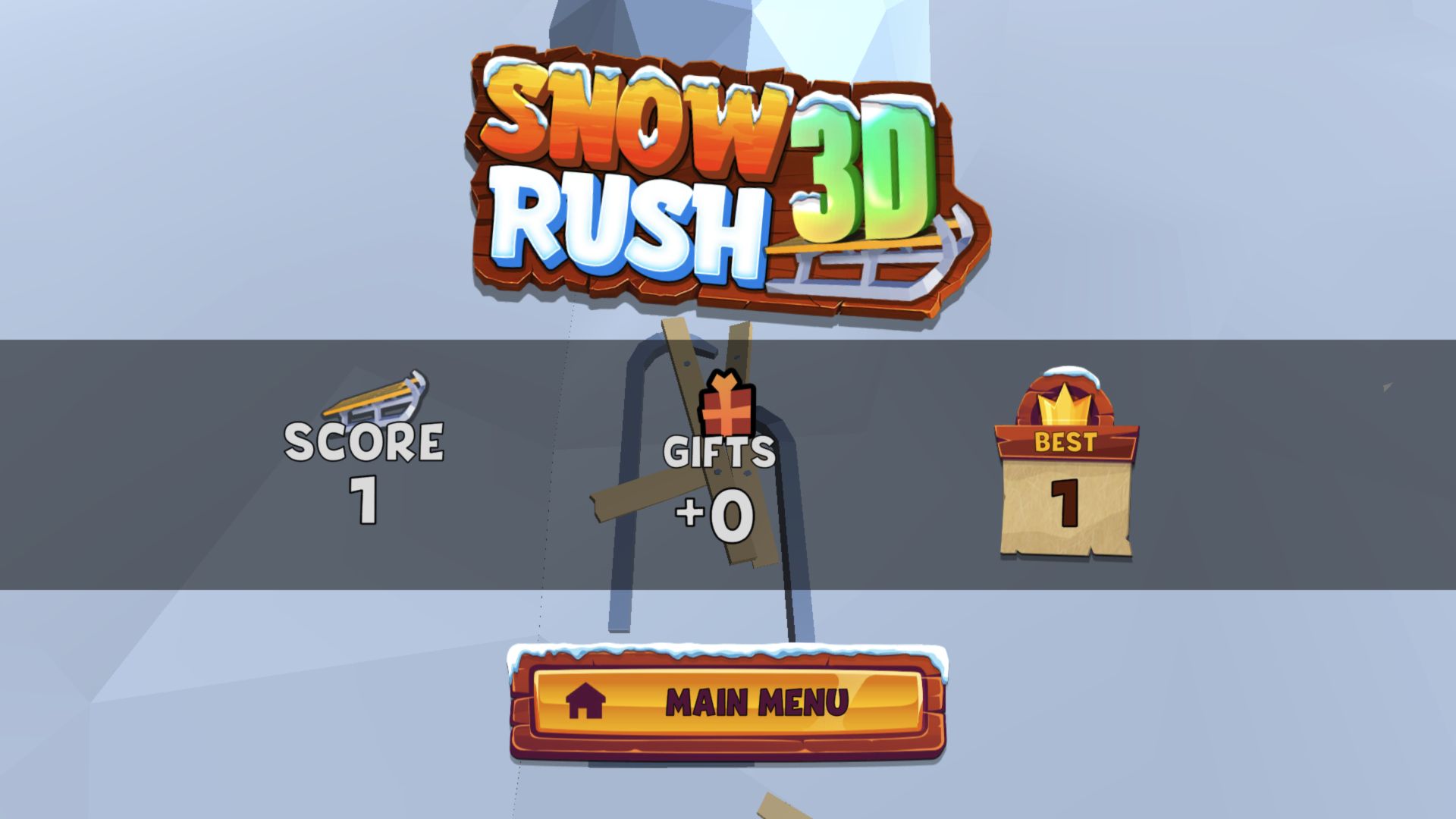 Snow Rush 3D first-run result screen showing Score 1, Gifts plus zero, and Best 1 beside a crashed wooden sled